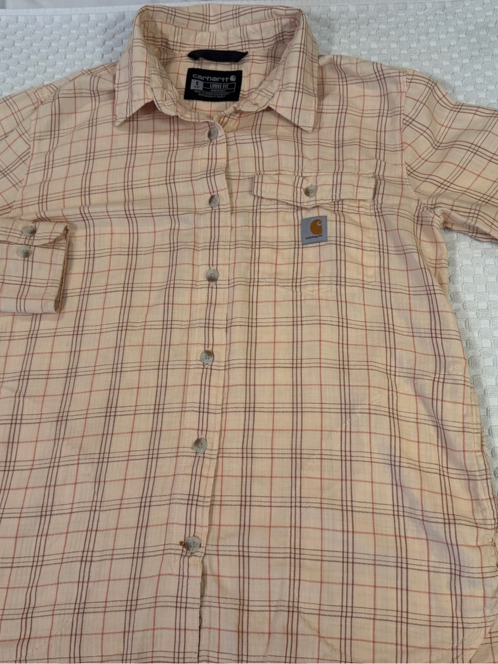 Carhartt Women’s Cream Peach Plaid Button-Down Shirt, Size 4/6